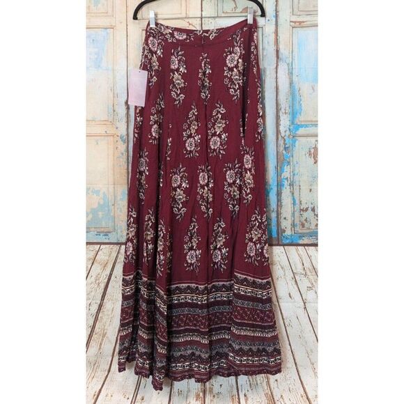 One The Land Womens Size Medium Maroon Rayon Floral Pleated Maxi Skirt - Picture 2 of 10